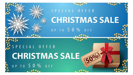 Special offer, Christmas sale, up to 50% off, blue and green horizontal discount banners with paper snowflakes and presents with price tag