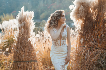 Outdoors photo of beautiful young girl. Attractive young woman enjoying her time. Fashion outdoor portrait of gorgeous long hair woman. Girl in a field on a background of dried flowers.