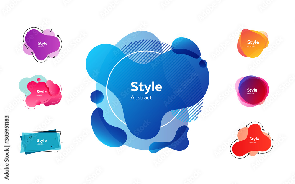 Wall mural Bright multi layer irregular shapes set. Multicolored abstract figures and lines with sample text. Trendy minimal templates for presentations, flyers, banners and web pages. Vector illustration