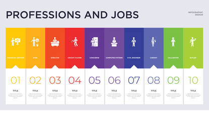 10 professions and jobs concept set included butler, callcenter, chemist, civil engineer, computer systems analyst, concierge, cricket player, director, dyer icons