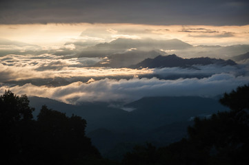 beautiful sunrise and fog view point at Huai Nam Dang National Park chiangmai province , thailand