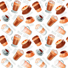 Coffee types cartoon style vector illustrations seamless pattern, isolated realistic colorful coffee icons.