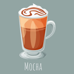 Mocha coffee cartoon style vector illustration, isolated realistic colorful coffee icon.