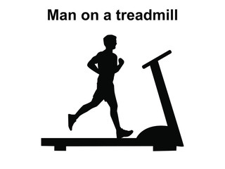 A man runs on a white background along a treadmill. Isolated silhouette of a running man. Running from left to right on the treadmill.