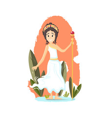Ancient greek mythological goddess Hera. Greek goddess of Olympus, patroness of marriage and conjugal love with staff in one hand vector cartoon illustration