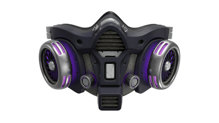 Futuristic chemical gas mask with protective scratched metal filters. Modern military black gray respirator with neon light. Concept art air pollution. 3d illustration isolated on white background