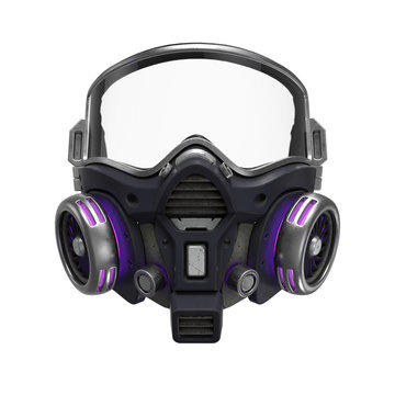 Futuristic chemical gas mask with protective glasses and metal filters. Modern military black gray respirator with neon light. Concept art air pollution. 3d illustration isolated on white background
