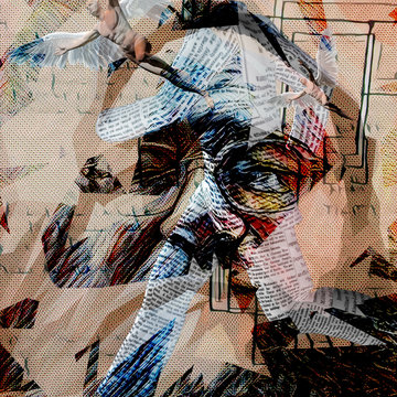 Abstract painting. Knowledge. Man's face in glasses, angels