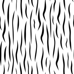 Imitation of zebra skin pattern. Black and white seamless vector background. Hand drawn style. Abstract fur pelage. Animal fur print design. 