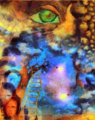 Fototapeta na wymiar Complex surreal painting. Green eye, fire and colorful overlapping layers
