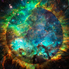 Words of the Universe. Circle of fire in endless space. Modern digital art