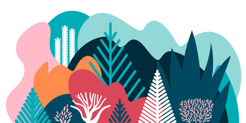 Fototapeta na wymiar Card, banner, invitation with winter landscaping, plants, trees, hills. Preservation of the environment, ecology. Natural parks, tourism. Flat style. Vector illustration.