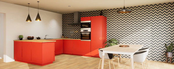 vue 3d cuisine rouge avec papier peints 01