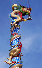 Colorful Chinese dragon pole with clear blue sky background