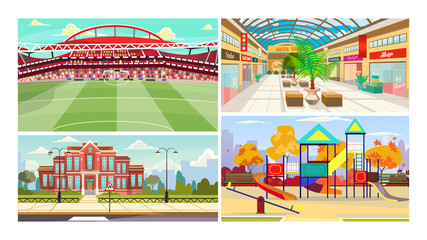 City amusements flat vector illustration set. Stadium, shopping mall, playground, school. Entertainement and tourism concept