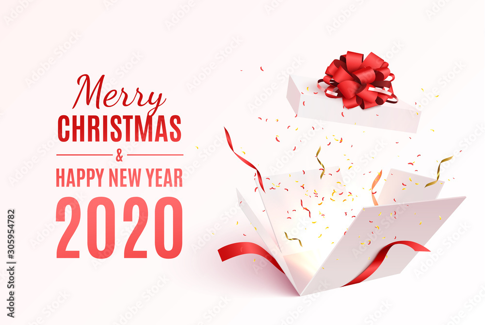 Poster gift box with red ribbon and bow. merry christmas and happy new year banner. vector 3d illustration.