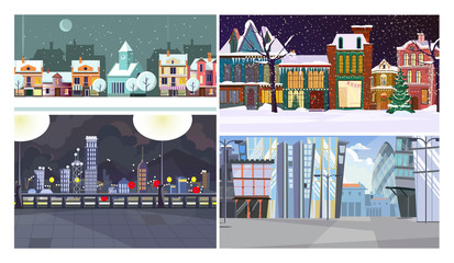 Fototapeta premium City building flat vector illustration set. Country houses in winter, city blocks, modern building. Cityscape concept