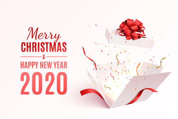 Gift box with red ribbon and bow. Merry Christmas and Happy New Year banner. Vector 3d illustration. Christmas decoration