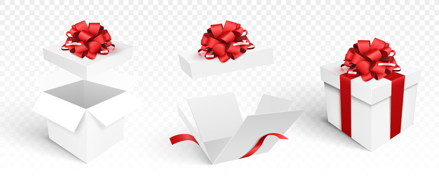 Gift boxes template isolated. Vector illustration. Open and closed boxes with bow.