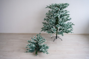 Free-standing pieces of artificial Christmas tree against a white wall. Installation of a tree for...