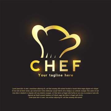 Chef logo with a fancy chef hat concept. luxury gold, can be used for restaurant icons or signs. vector illustration elements