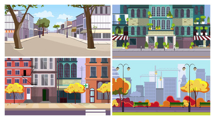 City buildings flat vector illustration set. City view with tower blocks, houses, park, city districts. Tourism and cityscape concept