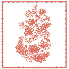 Decorative vector floral arrangement in   gzhel style. Motif flowers design  illustration isolated on white background with frame. Elegant blossom for inviting, celebrate cards, brochures. Folk. Art