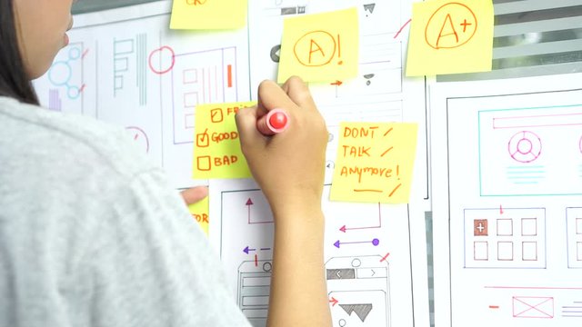 woman design engineer for ux architect template framework layout developer project mobile application on wall paper work in office with pen. Planning of development in program website interface ideas