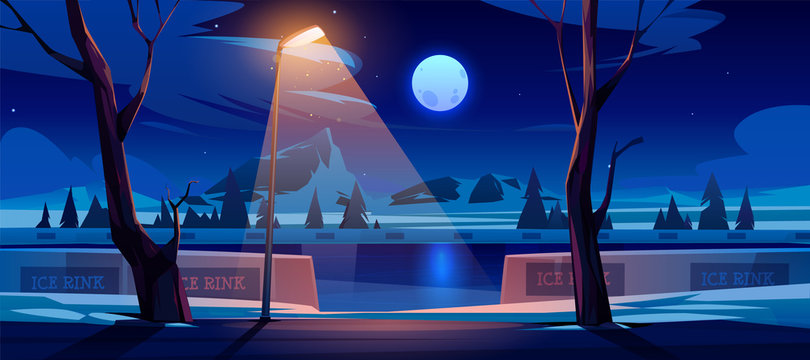 Ice Rink At Night. Empty Public Place For Skating Recreation With Street Lamp Illumination And Moonlight. Park For Leisure On Dark Winter Mountain Landscape With Fir Trees. Cartoon Vector Illustration