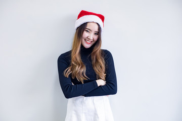 Young woman in costume Christmas on white background.