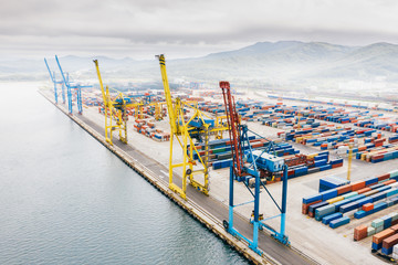 Industrial sea port with freight containers and transport cranes, aerial view