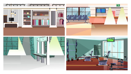 City services flat vector illustration set. Gym, shop, airport, bank. City life concept