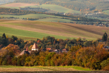 Fototapeta na wymiar Moravian fields in autumn time. Rolling fileds in Czech Republic near Brno.