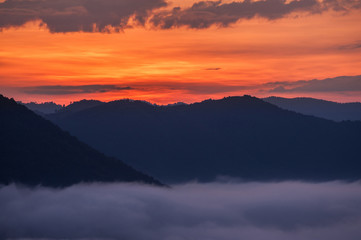 Fototapeta na wymiar beautiful sunrise and fog at phu thok chiang khan in loei province thailand