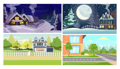 Downtown houses flat vector illustration set. Road, houses, winter, moon. Tourism and nature concept