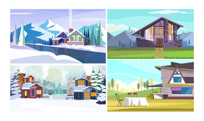 Guest houses flat vector illustration set. Mountains, frozen river, winter, summer. Tourism and nature concept