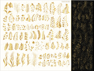 Vector collection of gold plants, leaves and and twigs on a light and dark background