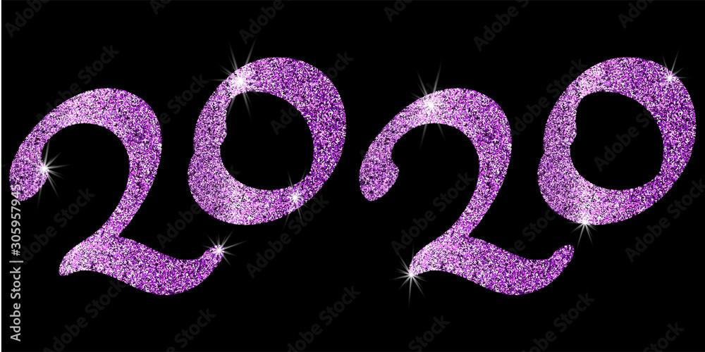 Poster 2020, great design for any purposes. new year backdrop. vector christmas illustration. purple glitte