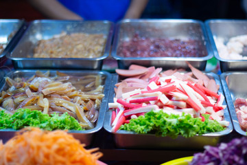 Fresh vegetable salad with crab stick in japanese restaurant, japanese food.