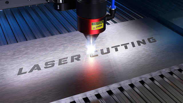 Laserschneiden, Lasergravieren. Metallverarbeitung mit Funken in einer CNC Laser Gravurmaschine. 3D Rendering