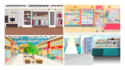 Shops and cafes flat vector illustration set. Mall, food shop, clothes store. Shopping concept