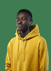 young black man in yellow hoodie listens to music