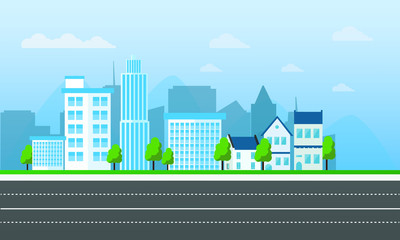 Flat city cartoon panorama - cityscape with different buildings