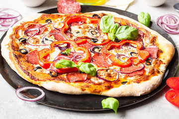 Tasty pizza with salami, onion, pepper, olives, mozzarella cheese and basil on black tray. Homemade hot pepperoni pizza.