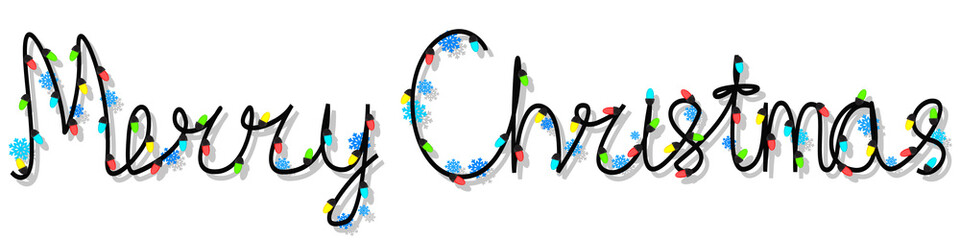 Merry Christmas text written by garland with snowflakes on a white.