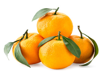 Ripe tangerines with leaves on a white background. Isolated