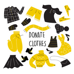 Illustration of different clothes for donation. Vector set. Charity day and social care concept. Second hand, flea market