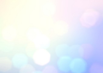 Beautiful bokeh blurred texture. Pastel blue pink yellow lilac gradient pattern. Gentle holiday abstract background. Sweet dream lights sky.