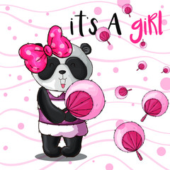 Cute beauty panda with pink bow tie illustration for kids. 