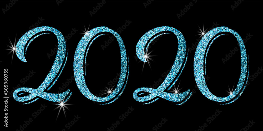 Poster 2020, great design for any purposes. new year backdrop. vector christmas illustration. blue glitter 